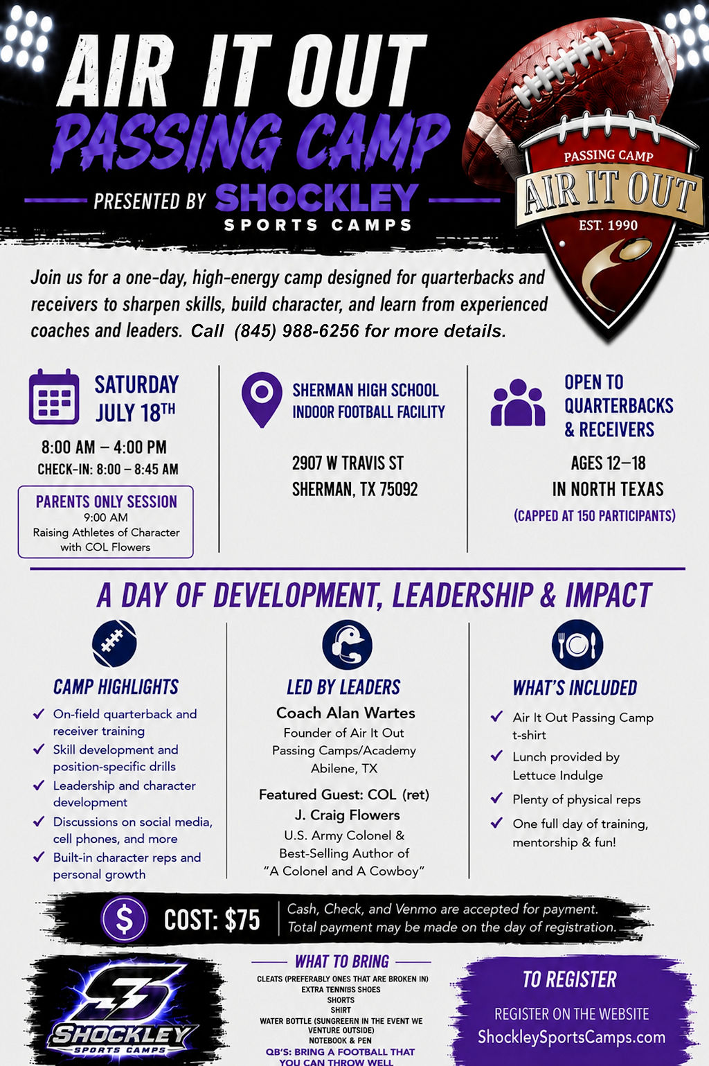 Shockley Sports Camp presents Air It Out's Quarterback & Receivers Camp in Sherman TX on July 18, 2026